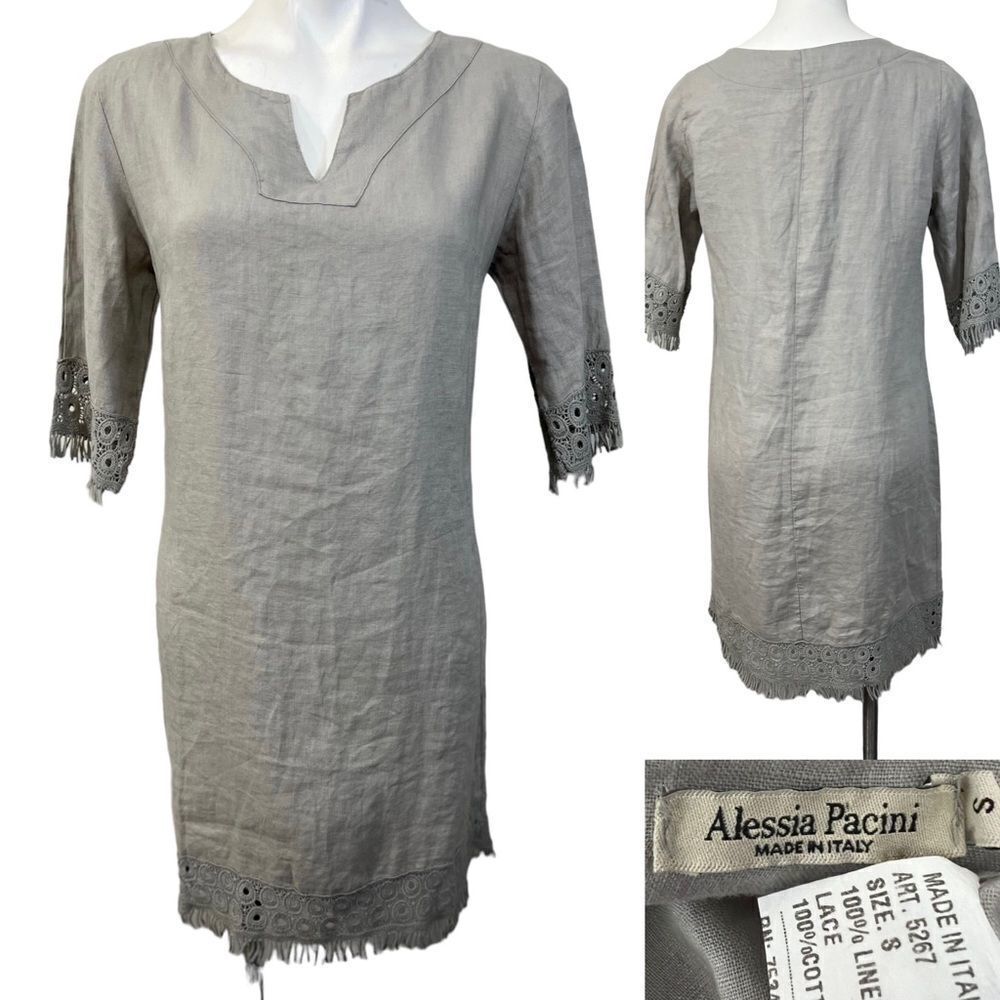 Alessia Pacini dress Small 100% linen 3/4 sleeve‎ shift dress knee length taupe